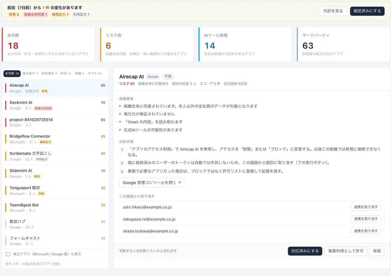 プロダクト画面のイメージ。つながっているアプリの一覧と、日本語の指摘・対処手順が並ぶダッシュボード